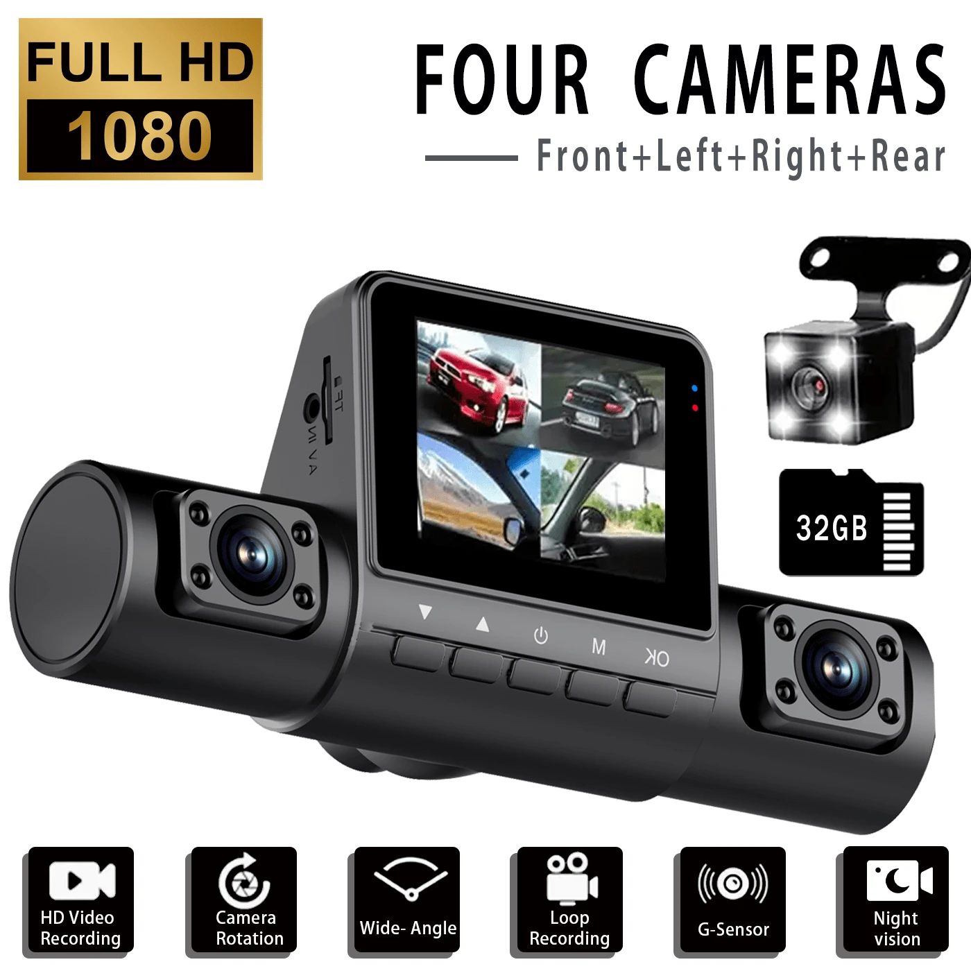 1080P高清4通道行车记录仪，具备夜视、广角拍摄、重力感应器和移动侦测功能，支持32GB存储卡（需另购）。