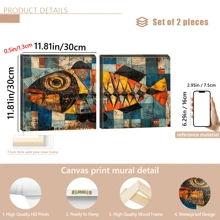 1 件现代抽象彩色鱼帆布艺术印刷品、现代墙壁艺术海报、房间装饰、客厅和卧室家居装饰、鲜艳色彩的几何鱼设计、客厅装饰 | 抽象鱼艺术 | 鲜艳的色彩艺术、鱼装饰、带框或无框