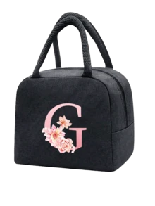1 件隔热午餐袋 - 黑色帆布轻便便携式冷藏袋，带粉色花卉字母图案保温午餐盒手提袋，适用于学校办公室野餐露营和旅行；多功能食品储存袋可重复使用手提包，适合男孩女孩学生教师和专业人士，女士后印花午餐袋，学校午餐盒 - 黑色 - 查看 15