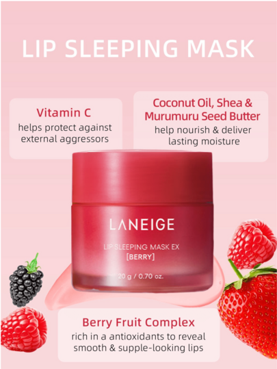 Laneige 唇部睡眠面膜 20g 莓果香，保濕滋養，含維生素C、穆魯穆魯油與乳木果油，抗氧化，適用脫皮乾唇，簡約時尚實用多功能，唇部護理，K-Beauty