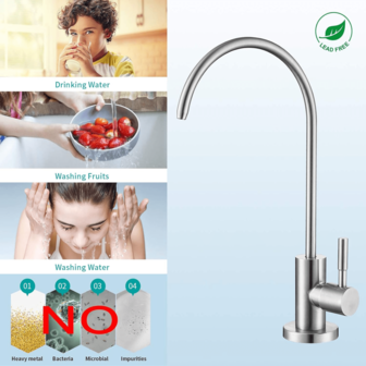 RO Water Faucet For Non-Air Gap Systems - Modern Brushed Nickel Stainless Steel Kitchen Filter Faucet, Lead-Free, Direct Connect To Reverse Osmosis (RO) Water Filtration