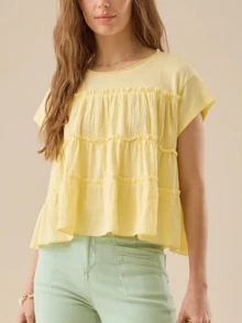Women Y2k Solid Color Babydoll Blouse Pleated Ruffle Hem Flowy Crop Tops Loose Fit Short Sleeve Round Neck T Shirt Summer Going Out Tops Daily Casual Streetwear - 黃色 - 查看 3