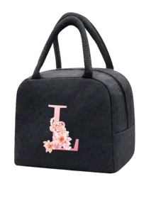1 件隔热午餐袋 - 黑色帆布轻便便携式冷藏袋，带粉色花卉字母图案保温午餐盒手提袋，适用于学校办公室野餐露营和旅行；多功能食品储存袋可重复使用手提包，适合男孩女孩学生教师和专业人士，女士后印花午餐袋，学校午餐盒 - 黑色 - 查看 22