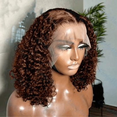 易于佩戴的深卷发 4x4 5x5 13x4 13x6 蕾丝前鲍勃假发 200% 密度预拔 4*4 5*5 预切高清无胶蕾丝闭合前假发 适合初学者 耐热纤维合成混合人发混合假发 带杰瑞卷发水波短鲍勃假发 预切蕾丝适用于 4x4 5x5 巧克力棕色 4#