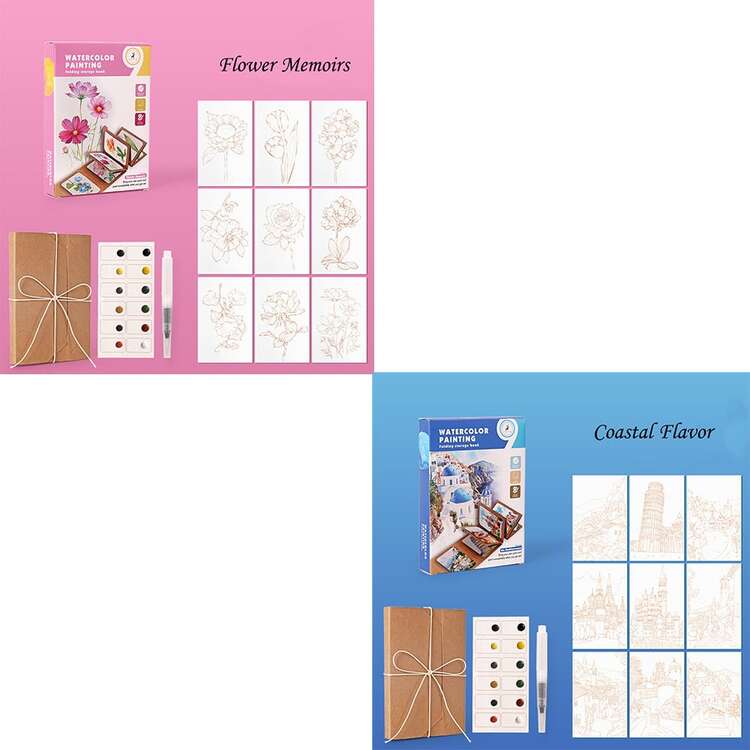 9件套水彩纸套装，包含厚牛皮纸相册、画笔、DIY绘画用品，适用于成人派对、休闲活动、礼物 - 彩色 - 查看 17