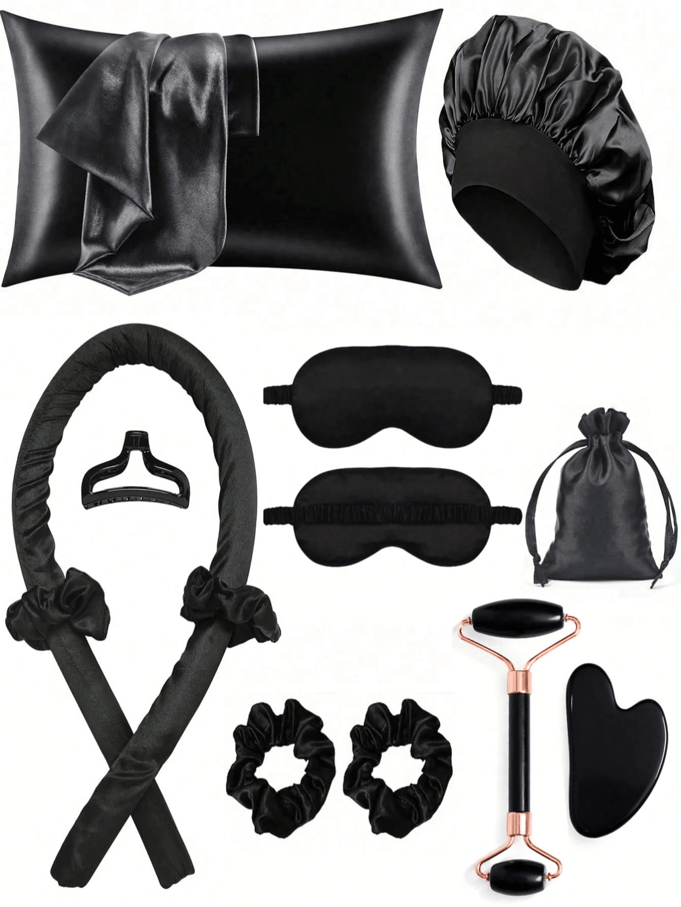 12件套睡眠护发工具套装，包含卷发棒、面部按摩器、1个枕套，适用于米色皇后套房，无需加热即可卷发，夜间卷发器，1个睡眠眼罩，女士面部按摩滚轮，发型设计，护发，卷发产品，美发配件，护发套装，美发工具套装，护发毛巾，适用于沙龙、酒店、运动、家居用品，毛巾，护肤干发毛巾