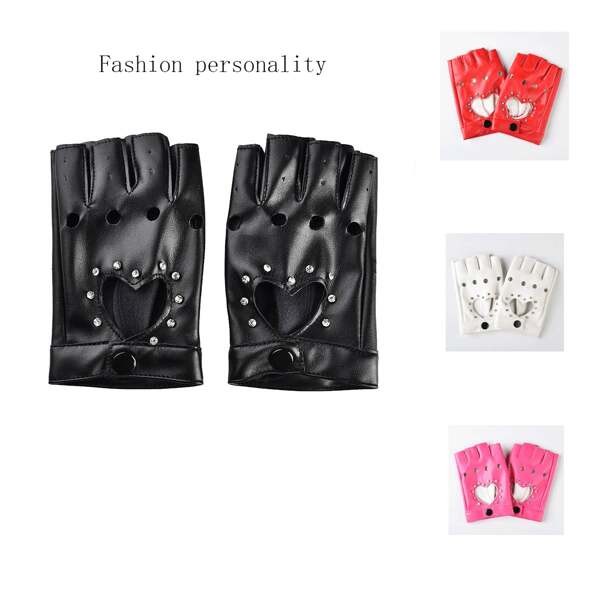 1 Paar Damen Mehrfarbige Cut Out Nieten Rutschfeste Atmungsaktive Kurze PU Punk Fingerlose Handschuhe, Geeignet für Bühnenauftritte, Straßentanz, Motorradfahren
