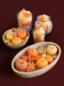 1 Set, Halloween Candles, Coconut Pumpkin Bowl Candles, Pumpkin Shaped Candles, Autumn Thanksgiving Maple Leaf Mini Pumpkin Aromatherapy Candles, Home Decoration, Holiday Decoration Candles, Ideal Gifts Halloween Decor Room Decor