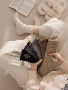 6 đôi tất len thêu hoa ấm áp (Trắng, Nâu nhạt, Xám nhạt, Đen, Xám đậm, Kaki), Tất mùa thu - Nhiều màu - Xem 3