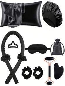 12件套睡眠护发工具套装,包含卷发棒、面部按摩器、1个枕套,适用于米色皇后套房,无需加热即可卷发,夜间卷发器,1个睡眠眼罩,女士面部按摩滚轮,发型设计,护发,卷发产品,美发配件,护发套装,美发工具套装,护发毛巾,适用于沙龙、酒店、运动、家居用品,毛巾,护肤干发毛巾 - 黑色 - 查看 12