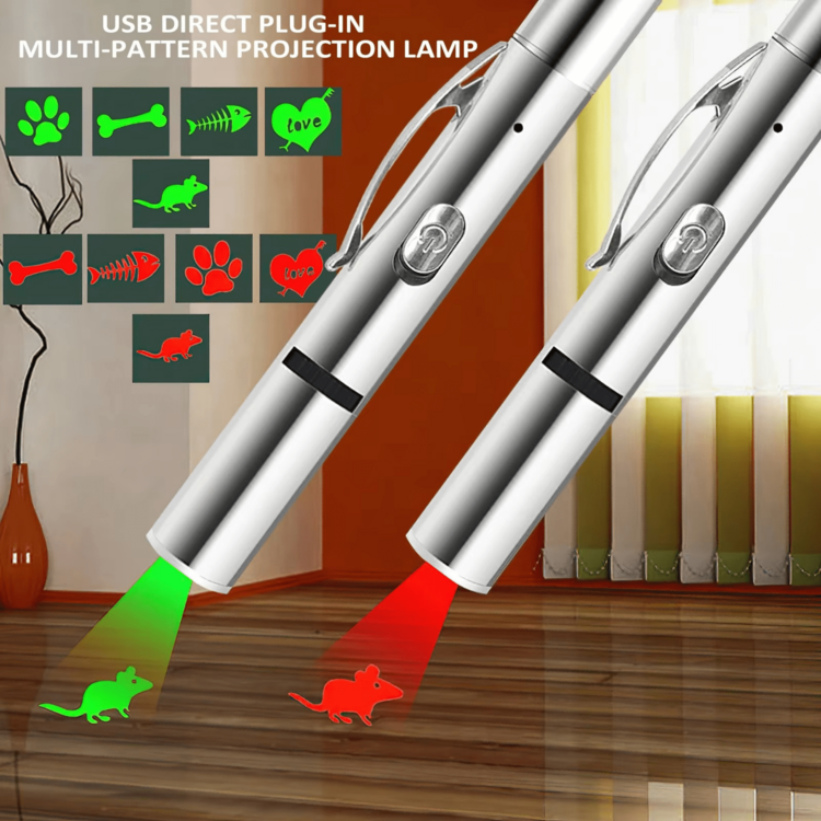5-In-1 LED Projection Pen, Multifunction Pet Projection Flashlight - Cat Paw, Bone, Fish Bone, Heart, Mouse Patterns, Stainless Steel USB Rechargeable, Red & Green Light, Innovative Cat Toy, Cat Training Accessory To Enhance Interaction - Multicolor - View 11