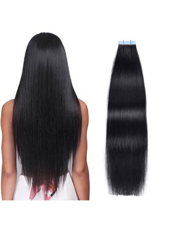 CEXXY Extensions de cheveux à bandes adhésives, cheveux humains, lisses et soyeux, Remy Hair, trame de peau sans couture, 45 cm, n° 1, noir de jais, 50 g, 20 pièces/paquet, cheveux épais
