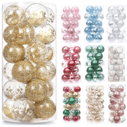 24 Pcs 2.75 Inches Clear Christmas Ball Ornaments, Shatterproof Decorative Hanging Ball Ornament With Stuffed Delicate Glittering Decorations For Xmas Tree, Holiday Indoor Outdoor Party Decor