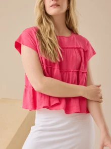 Women Y2k Solid Color Babydoll Blouse Pleated Ruffle Hem Flowy Crop Tops Loose Fit Short Sleeve Round Neck T Shirt Summer Going Out Tops Daily Casual Streetwear - Đỏ - Xem 3