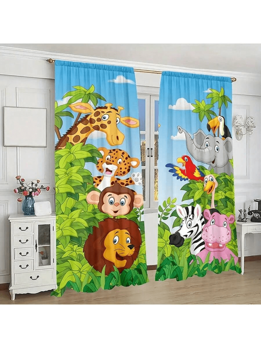 2 Packs Jungle Animal Blackout Curtains - Rod Pocket Polyester Woven Curtains For Bedroom & Various Rooms - Cartoon Safari Zoo Theme - Machine Washable - Contemporary Style - Multicolor - View 7