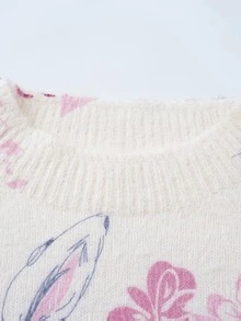 Clothing Runs Large, Order One Size Down. Cute Girls Rabbit & Floral Print Knit Sweater, Suitable For Outdoor/Holiday, Great Easter Gift For Young Girl -055 - Pink - View 5