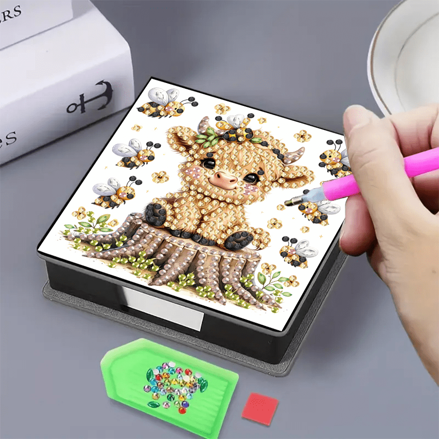 1 件 DIY 钻石艺术不对称水晶钻画，黑色仿皮便笺盒，含 160 张纸，适合家庭办公和学校用品，手工制品，可爱文具，节日礼物