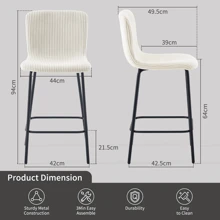 AINPECCA Bar Stools Set Of 2/4 Corduroy Cushion Breakfast Kitchen Counter Chairs With Metal Legs, Backrests & Footrests - Beige - View 2