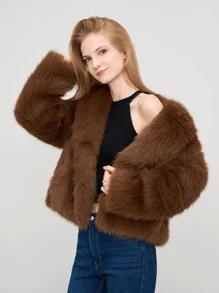 1pc Women's Solid Color Faux Fur Soft Jacket, Suitable For Autumn/Winter, Music Concerts, Halloween, Office, Outings, Birthday, Sexy Nightclub, Casual