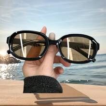 1pc Retro Square Frame Fashion Unisex Fashion Glasses, Rectangular Glasses For Small Face, Yellow Lens Vintage Fashion Glasses, Fashionable Protective Beach Accessory Fashion Glasses, Suitable For Pairing With Sweaters, Jackets, Hoodies, Jumpsuits, And Cargo Pants - Champagne - View 13