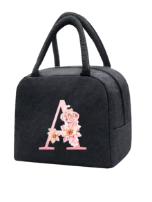 1 件隔热午餐袋 - 黑色帆布轻便便携式冷藏袋，带粉色花卉字母图案保温午餐盒手提袋，适用于学校办公室野餐露营和旅行；多功能食品储存袋可重复使用手提包，适合男孩女孩学生教师和专业人士，女士后印花午餐袋，学校午餐盒 - 黑色 - 查看 23