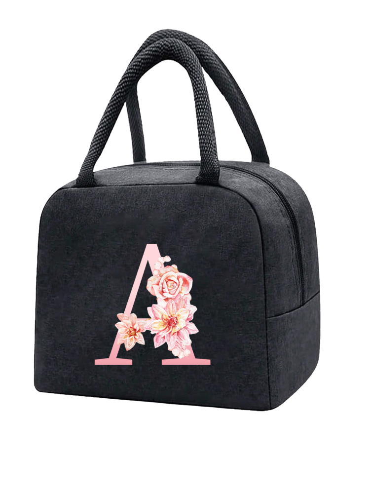 1 件隔热午餐袋 - 黑色帆布轻便便携式冷藏袋，带粉色花卉字母图案保温午餐盒手提袋，适用于学校办公室野餐露营和旅行；多功能食品储存袋可重复使用手提包，适合男孩女孩学生教师和专业人士，女士后印花午餐袋，学校午餐盒 - 黑色 - 查看 23