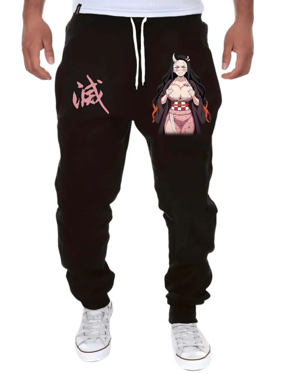Anime Print Jogging Pants,Loose Casual Pocket Track Pants For Summer,High Quality Mens Sweatpants,Pant Of ALL Season, For Rave, Back To School - 黑色 - 查看 1