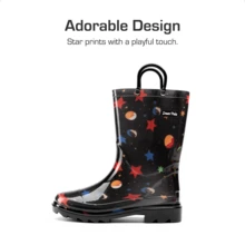 Kids' Waterproof Rain Boots Lightweight Pull-On Toddler Boots With Handles For Girls & Boys Cute Playtime Outdoor Shoes Black - 黑色 - 查看 5