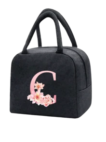 1 件隔热午餐袋 - 黑色帆布轻便便携式冷藏袋，带粉色花卉字母图案保温午餐盒手提袋，适用于学校办公室野餐露营和旅行；多功能食品储存袋可重复使用手提包，适合男孩女孩学生教师和专业人士，女士后印花午餐袋，学校午餐盒 - 黑色 - 查看 31