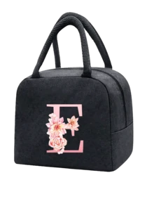 1 件隔热午餐袋 - 黑色帆布轻便便携式冷藏袋，带粉色花卉字母图案保温午餐盒手提袋，适用于学校办公室野餐露营和旅行；多功能食品储存袋可重复使用手提包，适合男孩女孩学生教师和专业人士，女士后印花午餐袋，学校午餐盒 - 黑色 - 查看 26