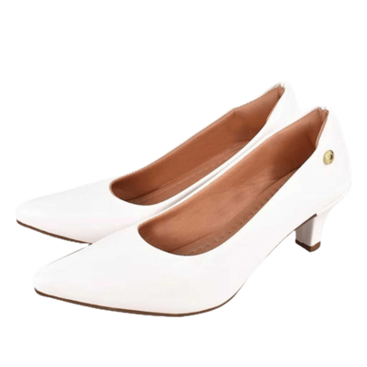 Sapato Scarpin Feminino Bico Fino Salto Fino Baixo Saia e Blusa Verniz Elegante Casual Social