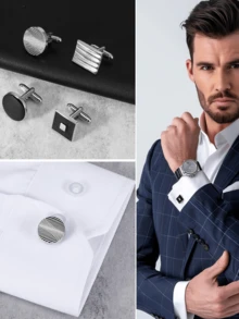 1/4Pairs Cufflinks For Men Classic Tone Cuff Links Silver Black Striped Disc Square Rectangle Cuff Links Shirt Suit Men's Cufflinks For Wedding Groom Business & Father Elegant Gift Halloween Accessories Teachers Day