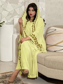 Hafizah 中东时尚街头风格夏季雪纺长款刺绣粉色圆领连衣裙配头巾 - 黃色 - 查看 5