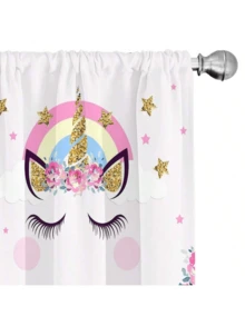 2 件装可爱独角兽睫毛带花印花窗帘 穿孔窗帘 参考卧室、办公室、厨房、客厅、书房、家居装饰 - 彩色 - 查看 6