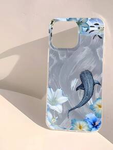 1pc New Shark & Flower Pattern Waterproof, Fingerprint-Proof, Scratch-Resistant Transparent IMD Soft Glossy Smooth Phone Case Shockproof Anti-Fall - Multicolor - View 4