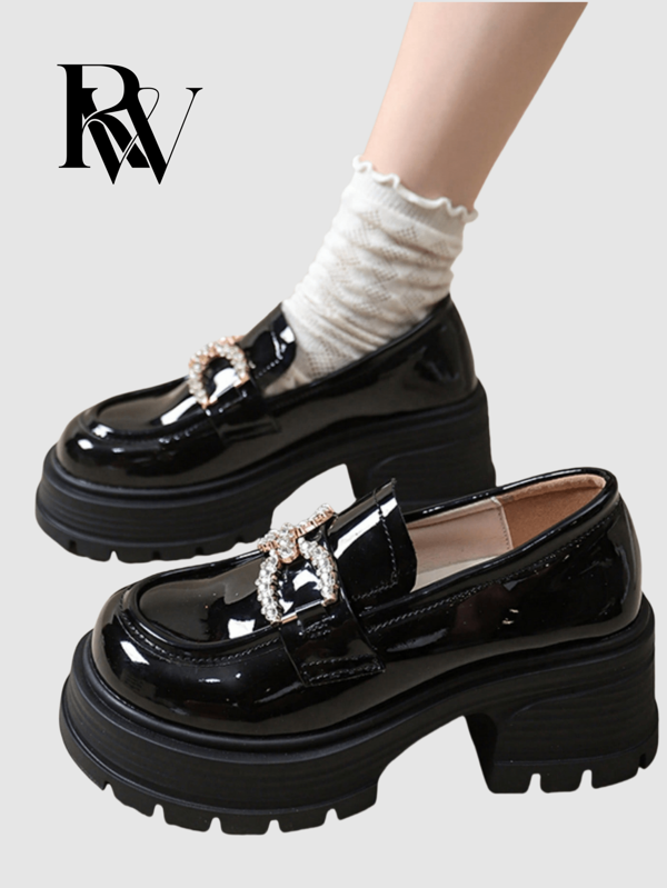 2025 Spring New Thick Sole Black Loafers For Women, Chunky Heel, Versatile, British Style Flat Shoes