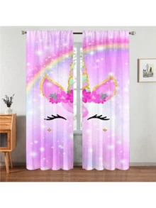 2 件装可爱独角兽睫毛带花印花窗帘 穿孔窗帘 参考卧室、办公室、厨房、客厅、书房、家居装饰 - 彩色 - 查看 20
