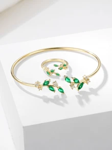 2 Peças Conjunto de Joias Inspirado na Natureza com Pulseira e Anel em Formato de Folha com Pedra de Zircônia em Liga de Cobre, Elegante para Mulheres