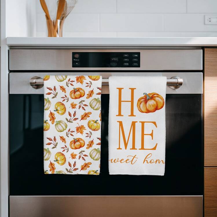 2pcs Autumn Minimalist Pumpkin "Sweet Home" Pattern Kitchen Towels, Soft Polyester Material Dish Cloths, Suitable For Kitchen Decor, Cleaning, Holiday Party Decoration, Kitchen & Bathroom Essentials, Home Decor, Housewarming Gift - Multicolor - View 6