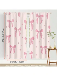 2pcs Set Pink Bow Print Light Filtering Curtains - Rod Pocket Design For Easy Hanging, Perfect For Bedroom, Living Room, Office Decor, Curtains For Living Room
