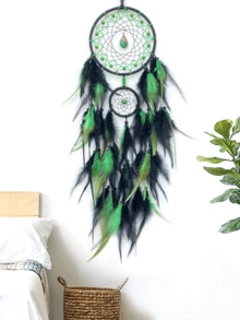 1pc Handmade Dreamcatcher With Feather Decor, Lightweight Luxury Teardrop Double Ring Wall Hanging Ornament For Living Room - Water Drop Double Circle - View 7
