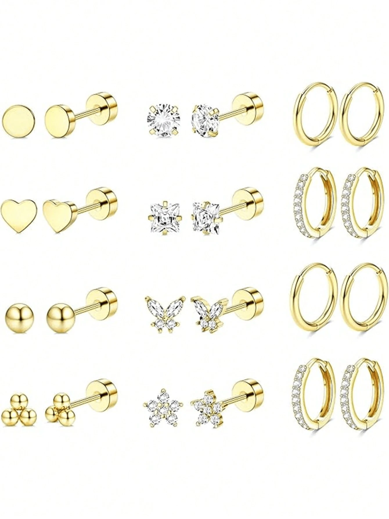 12PCS Jstyle Anti-Allergy Surgical Steel Earrings Are Suitable For Sensitive Ears. 14K Gold Flat-Back Earrings, Small Stainless Steel Earrings For Boy And , Flat-Back Stud Earrings, Cartilage Earring Set, Suitable For Multiple Piercings