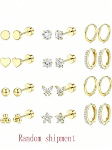 12PCS Jstyle Anti-Allergy Surgical Steel Earrings Are Suitable For Sensitive Ears. 14K Gold Flat-Back Earrings, Small Stainless Steel Earrings For Boy And , Flat-Back Stud Earrings, Cartilage Earring Set, Suitable For Multiple Piercings