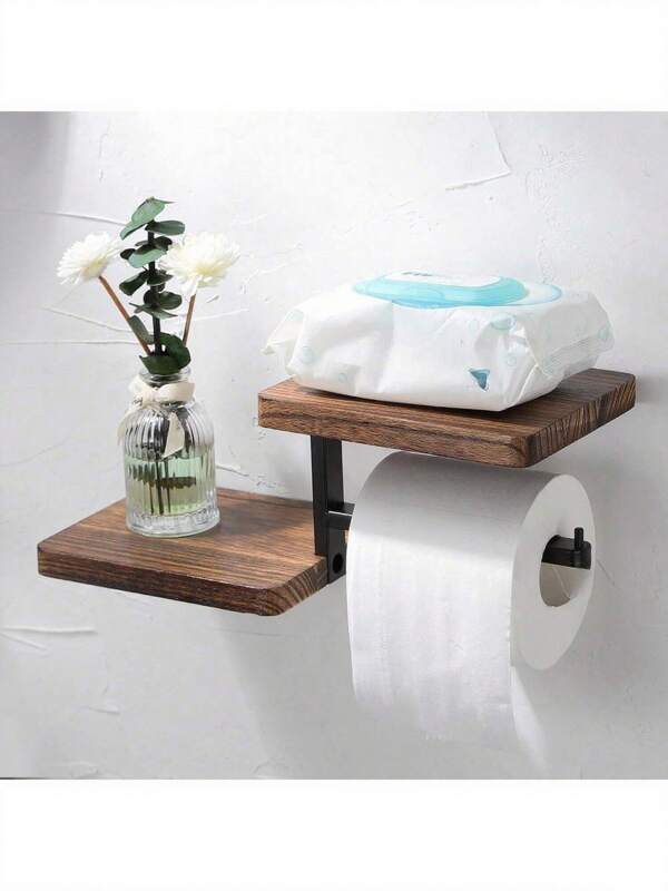 1pc Wall Mounted Wooden Toilet Paper Holder - Bathroom Tissue Holder Toilet Paper Roll Holder Wooden Wall Mounted Toilet Paper Holder With Shelf, Rust And Moisture Resistant, Good Compatibility, , Quick Installation, Suitable For Bathroom Accessories Decoration, Home Furnishings, Apartment Toilets