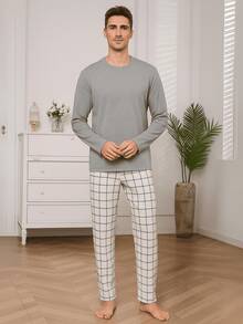 Men's Long Pajamas Adult Long Sleeve Long Pants - Gris - Ver 5