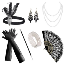 9 pièces Ensemble d'accessoires élégants et sexy de style vintage des années 1920 pour femmes, comprenant un serre-tête en plumes, un collier de perles, des gants, un éventail en dentelle, des bijoux pour les mains. Parfait pour une soirée Gatsby, un bal masqué, des événements, le bal de promo, Halloween