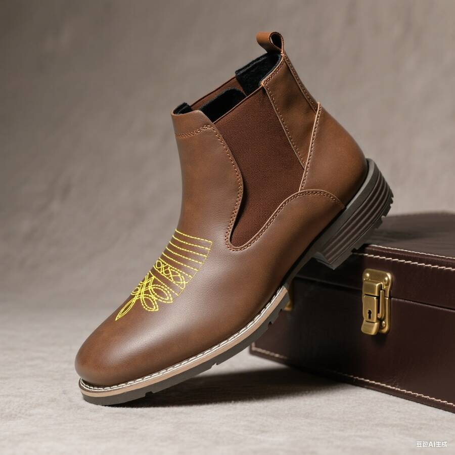 Men's Business Shoes, Casual Embroidered Short Boots, Retro Men's Boots - màu nâu - Xem 1