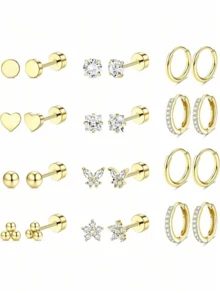 12PCS Jstyle Anti-Allergy Surgical Steel Earrings Are Suitable For Sensitive Ears. 14K Gold Flat-Back Earrings, Small Stainless Steel Earrings For Boy And , Flat-Back Stud Earrings, Cartilage Earring Set, Suitable For Multiple Piercings