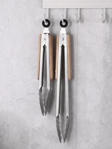 Szczypce do jedzenia ze stali nierdzewnej, dębowe, koreańskie szczypce do grilla, szczypce do steków z drewnianym uchwytem, bardzo długie szczypce do grilla, odpowiednie do hoteli/domu/na zewnątrz/do ogrodu/na grilla, na Boże Narodzenie i Halloween