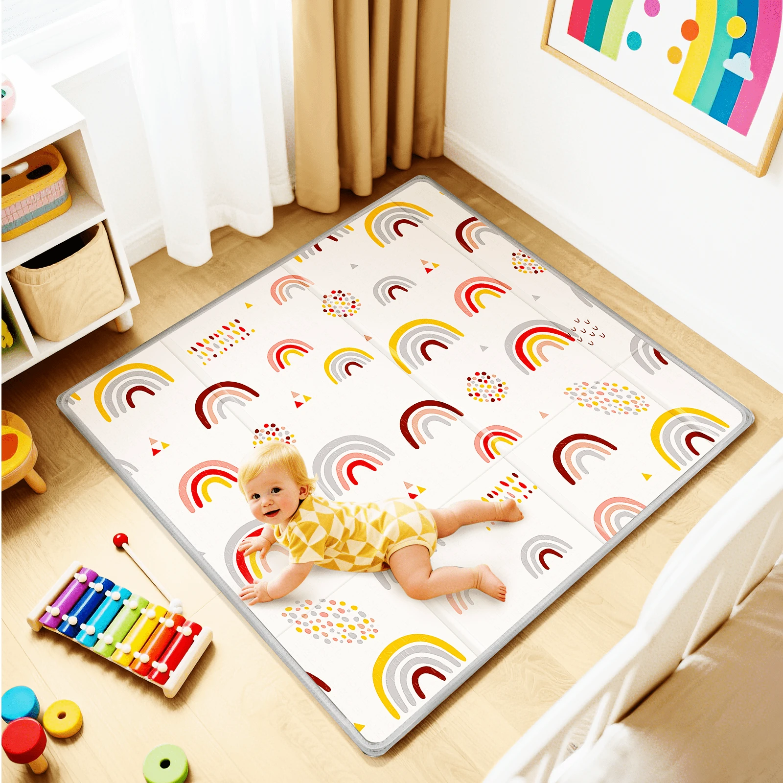 Foldable Baby Play Mat - PIGLOG Waterproof Playpen Mat For Babies And Toddlers Kids, Foam Playmat For Tummy Time, Reversible Playmats, Portable Baby Floor Mat For Infant - 彩虹圖案 - 查看 1